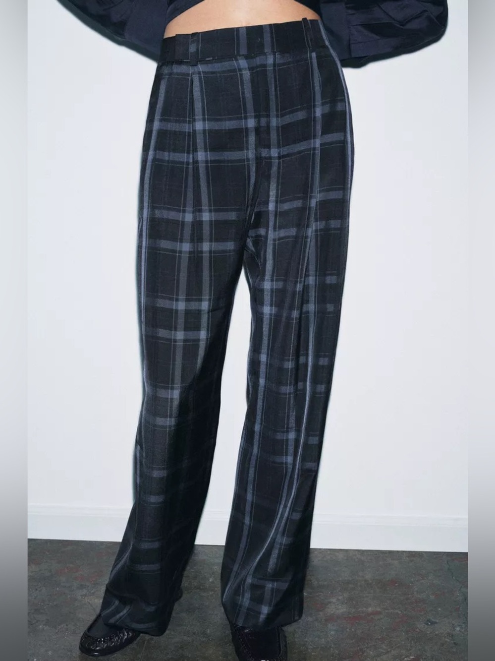 ZW Collection Zara Blue and Gray Plaid Wide-Leg Trousers, pants, POP